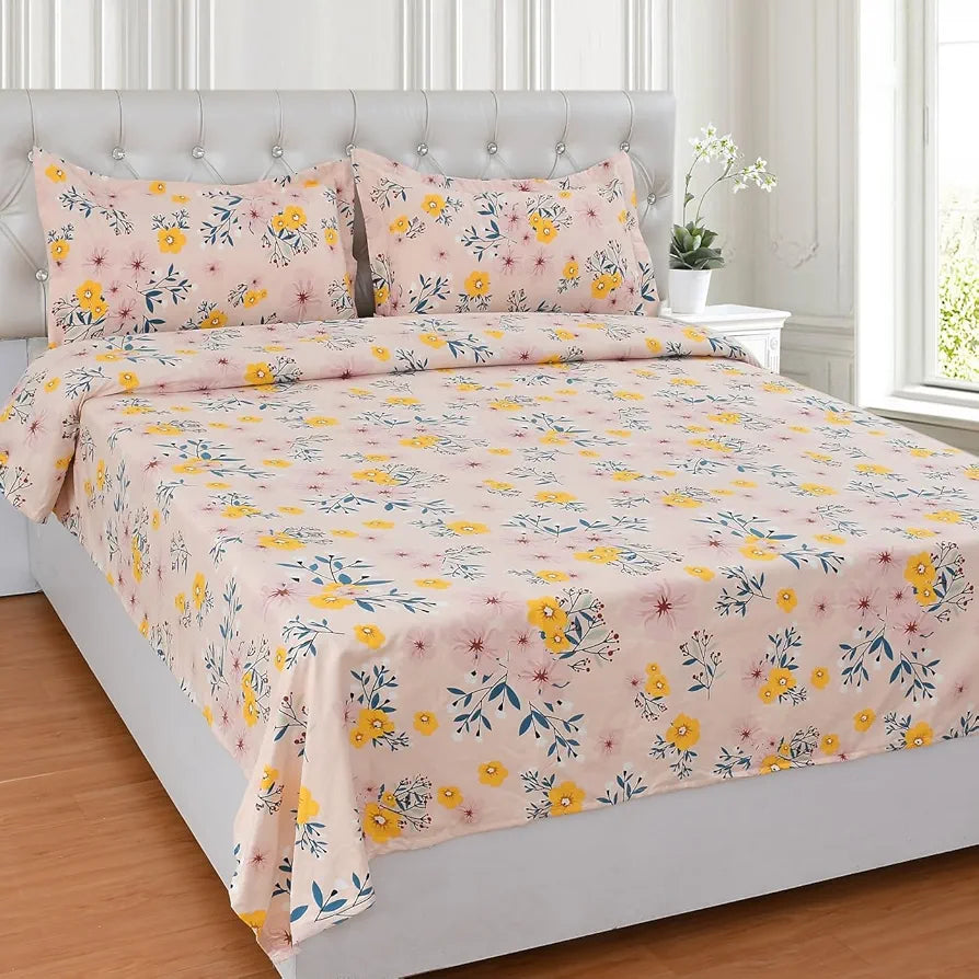 HOMEKART Cotton 200 TC Proper King Size Bedsheet for Double Bed, King Size 108 x 108 Inches Breathable for Summer with 2 Large Size Pillow Covers Without Joint- Peach Yellow Flowers
