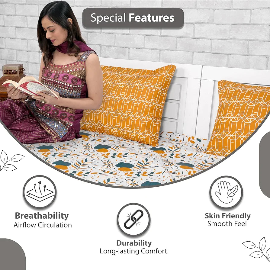 Divine Casa 144 TC Cotton Bedsheet for Single Bed with 1 Pillow Cover 