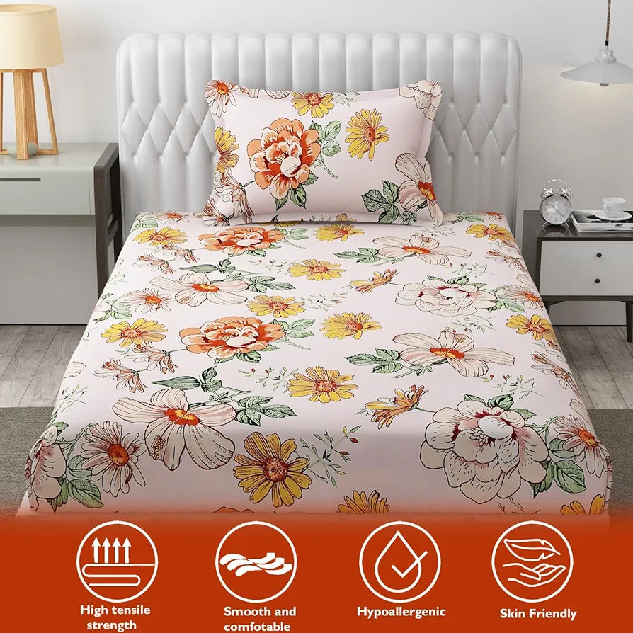 Fresh From Loom Floral Print Microfiber Single Bed Bedsheet Set - Anti Fade, 240 TC, 1 Pillow Covers Included 