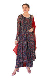 Janasya Women's Georgette Digital Floral Printed Embellished Kurta Set Navy Blue