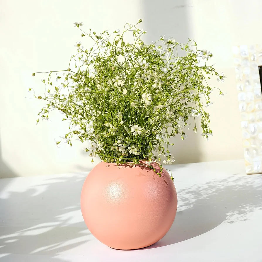 BEHOMA Metal Ball Round Vase for Home Decor | Table Decorative Item for Bedroom Living Room Office Wedding | Best Gift for Birthday Anniversary Festival | Pink, Small