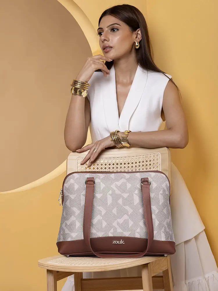 ZOUK Carry All Work Bag | Jute | Vegan Leather Handcrafted Women's Shoulder Bag with Double Handles