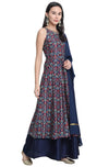 Janasya Women's Blue Poly Muslin Embroidered Kurta with Palazzo and Dupatta