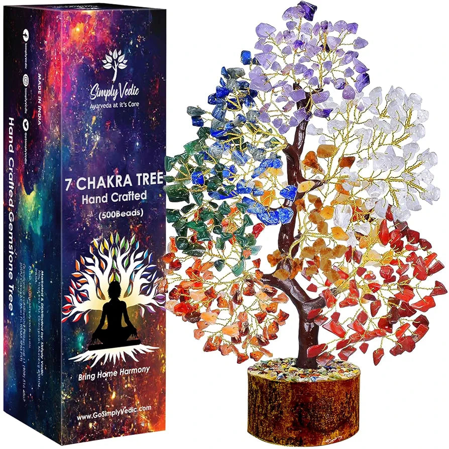 Simply Vedic 7 Chakra Crystal Tree 500 Beads| Gemstones Tree for Chakra Healing, Good Luck, Positive Energy| Feng Shui, Spiritual Gift, Meditation, Office Home Decor| Handmade by Traditional Artist