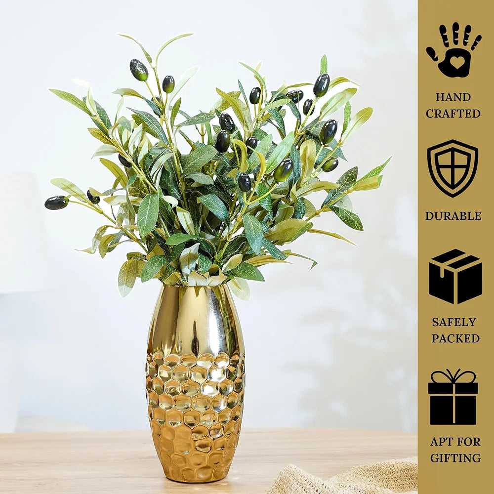Behoma Metal Hammered Vase for Home Decor Decoratives for Indoor Living Room | Best Gift for Birthday Anniversary Valentine's Day |Golden Half Hammered Oblong Shape 1 Large Pcs 
