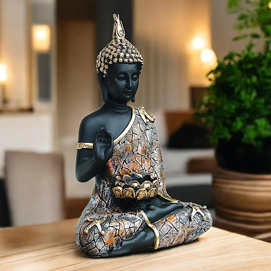 NEELAYA Meditating Buddha Tealight Holder Polyresin Statue for Home Decor Living Room Office Table Vastu Spiritual Gift Housewarming 28 cm Black Brown