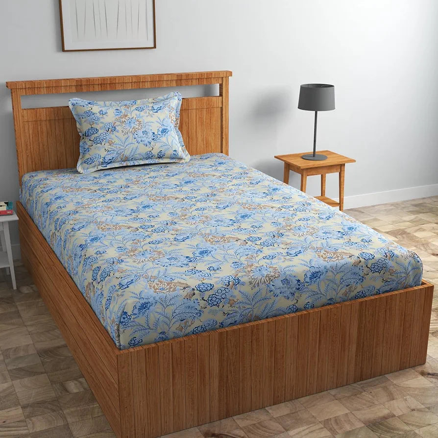 Homefab India 160 TC Glace Cotton Single BedSheet with 1 Pillow Cover -  - Light Blue, Floral
