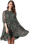 Janasya Women's Green Poly Georgette Floral Flared Midi Dress