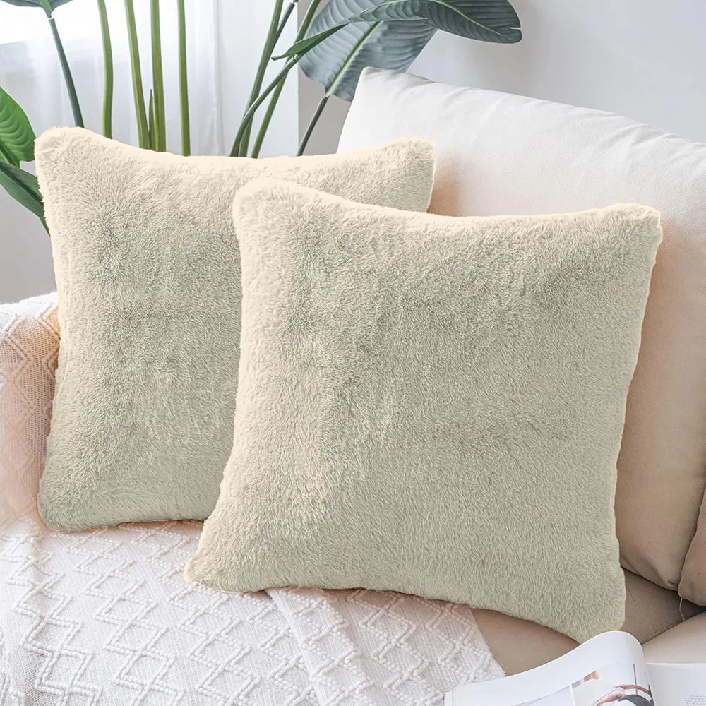 Luxe Home Cushion Cover 16 inch x 16 inch Duble Side Rabbit Fur Plain Design Covers Set of 2 for Sofa, Bedroom, livingroom 