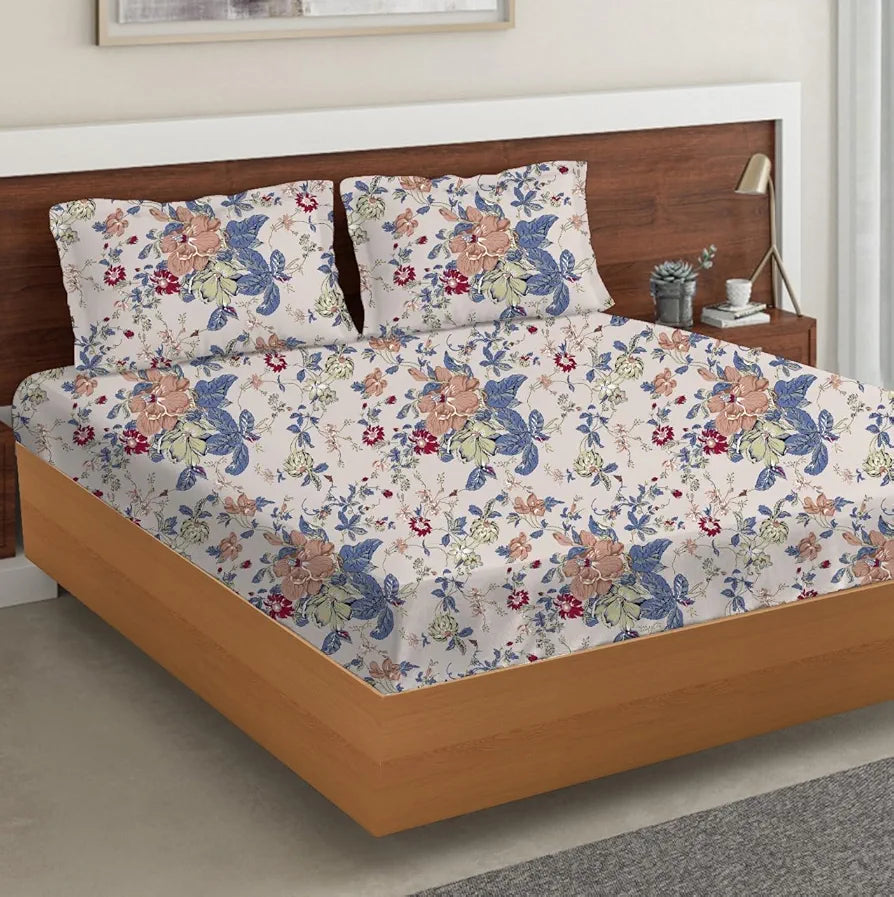Trance Home Linen Skin Friendly 100% Cotton Printed Fitted Bedsheet for Queen Size Bed with 2 Pillow Cover - Premium 180TC 