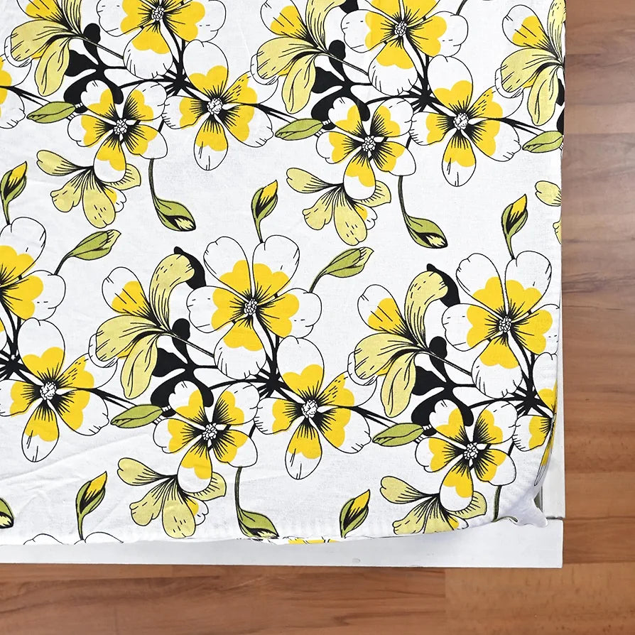 Divine Casa Floret 100% Cotton Double Fitted Bedsheet | 144 TC | Deep Pocket Design | Soft & Breathable Fabric | Durable & Easy Care | 200 x 150 + 25 CM, Daffodil Yellow
