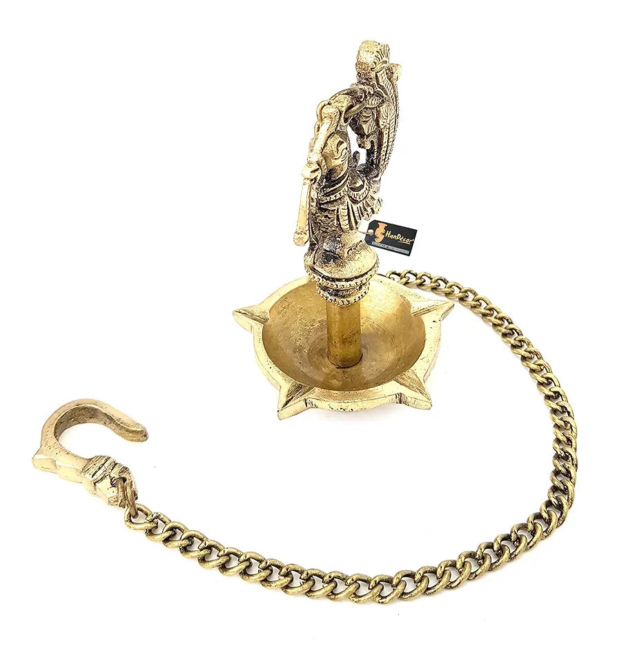 Two Moustaches Handmade Ethnic Peacock Design 5 Oil Wick Brass Hanging Diya, Brass Diyas for Decoration, Standard, Pack of 1