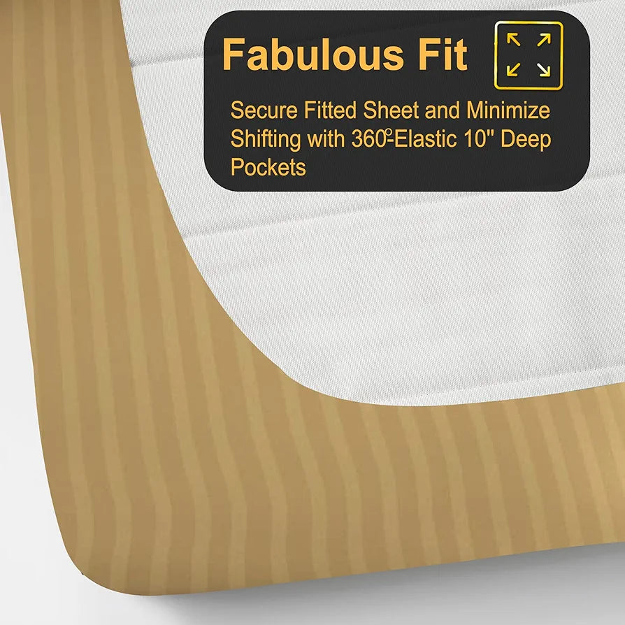 FRESH FROM LOOM 240 Tc Satin Striped King Size Soft Fitted Bedsheet with Two Pillow Cover | Elastic Fitted Bed Sheets | Hypoallergenic , Light Brown