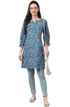 Janasya Women's Blue Cotton Floral Print Regular Tunic