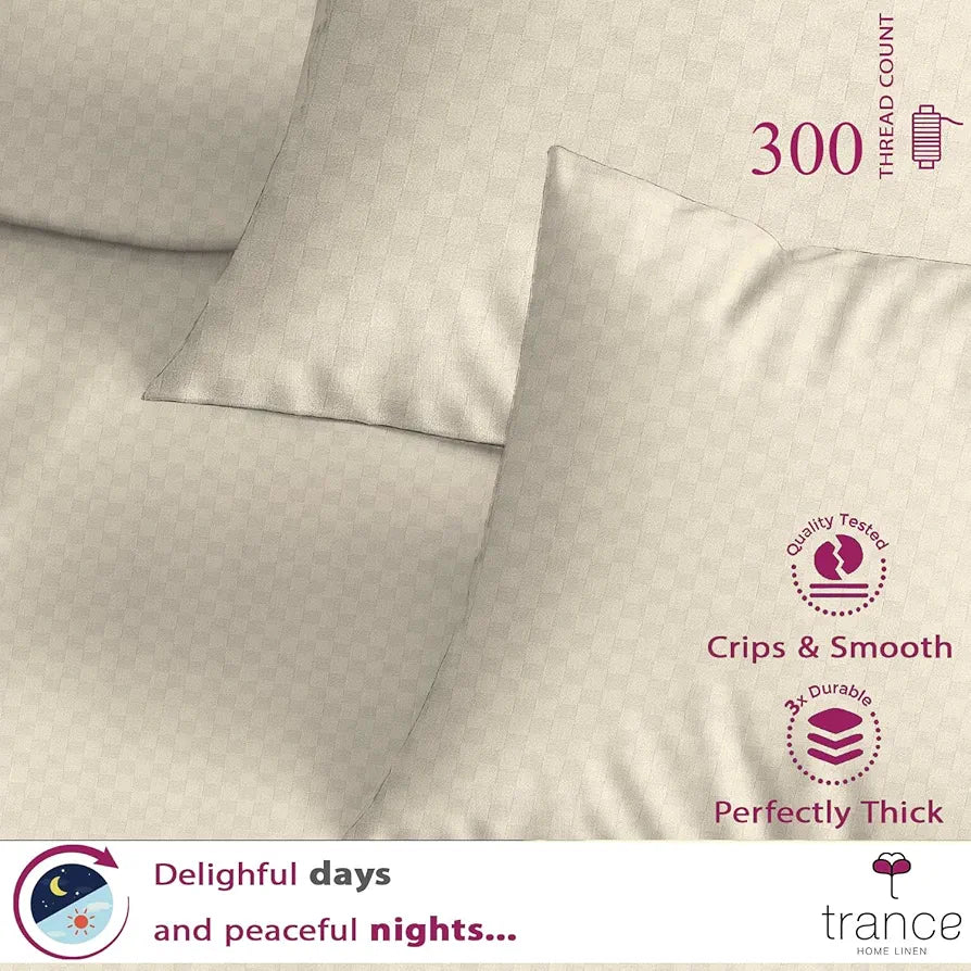 Trance Home Linen 300Tc Premium Jacquard Weave 100% Cotton Solid Fitted Bedsheet for Single Bed with 1 Pillow Cover-Skin Friendly,Small Single