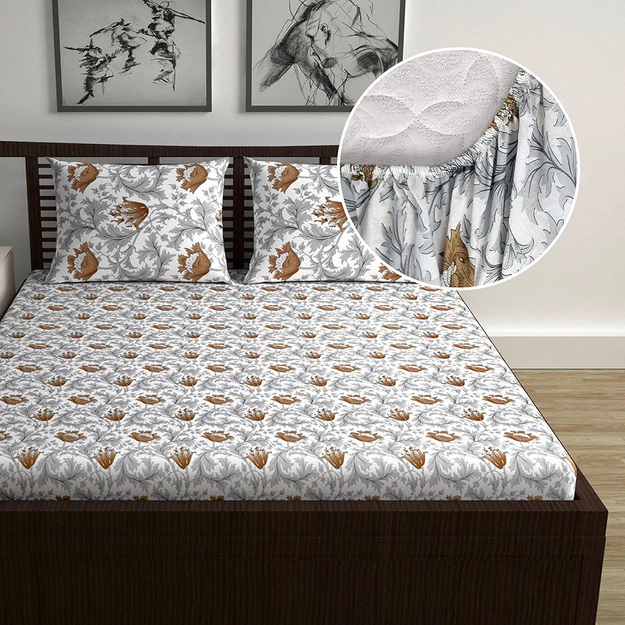 Divine Casa 144 TC Cotton Super Soft Brushed Elastic Fitted Floral Queen Size Double Bed Bedsheet with 2 Pillow Cover 