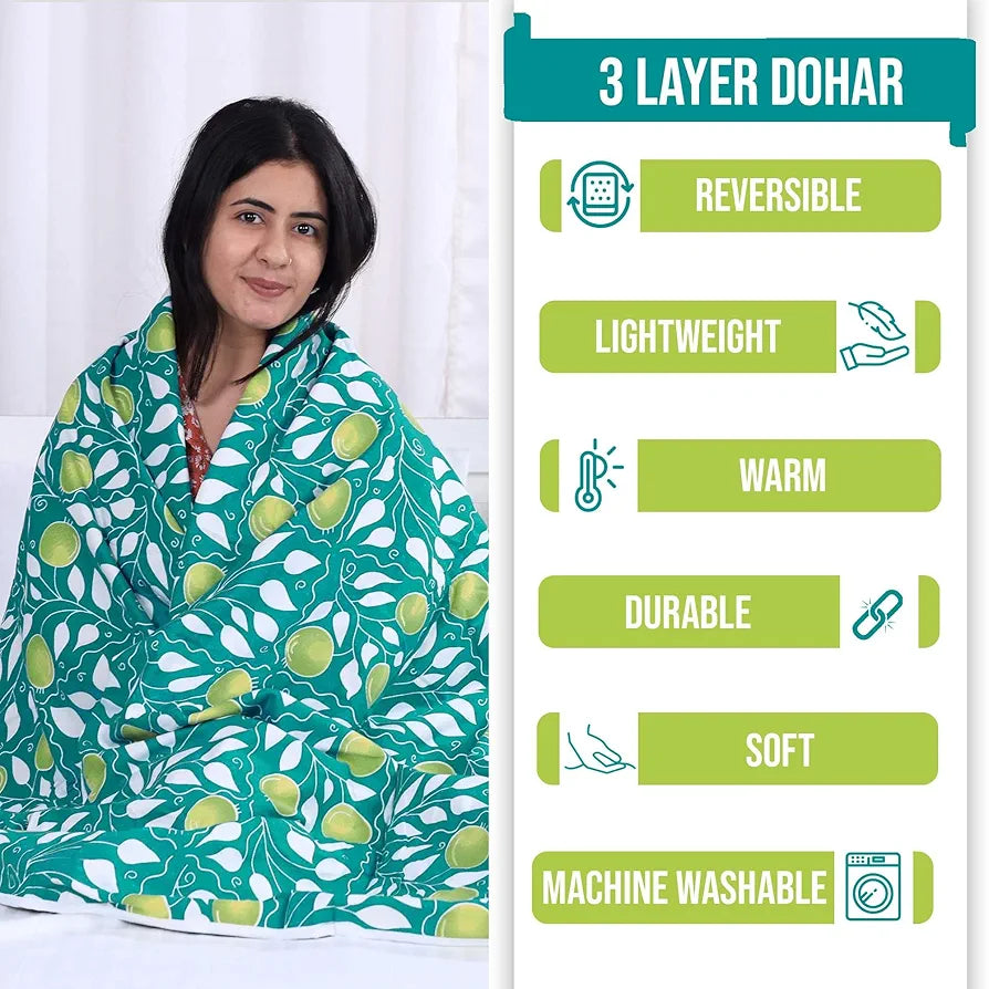 Divine Casa Glace Cotton 120 GSM Reversible Lightweight Printed Double Bed AC Dohar Blanket Quilt - Turquoise and Green| TC - 120