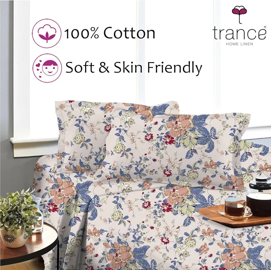 Trance Home Linen Skin Friendly 100% Cotton Printed Fitted Bedsheet for Queen Size Bed with 2 Pillow Cover - Premium 180TC 