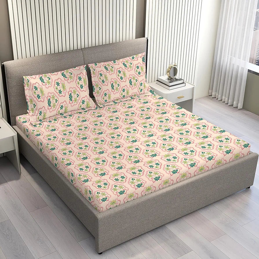 Layers Basicx 100% Cotton Bedsheet Set for All Seasons - Lightweight, Moisture Absorbent, Machine Washable & Easy to Care - Gift for Housewarming & More - 120 TC - Queen Size 