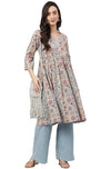 Janasya Women's Beige Cotton Floral Print Angrakha Kurta