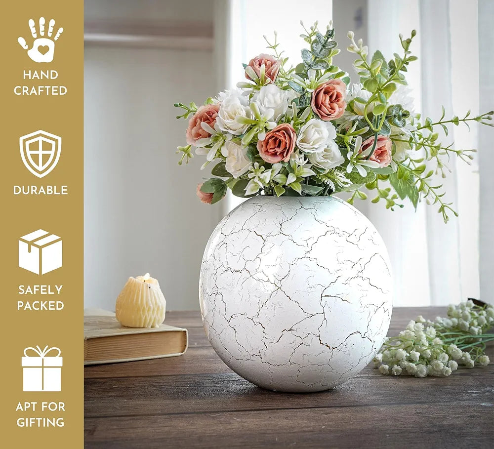 BEHOMA Metal Ball Vase for Home Decor|Round Flower Pot for Bedroom Living Room Office Wedding|Flowers Arrangement for Birthday Anniversary Festival|Off-White Crackled Medium 
