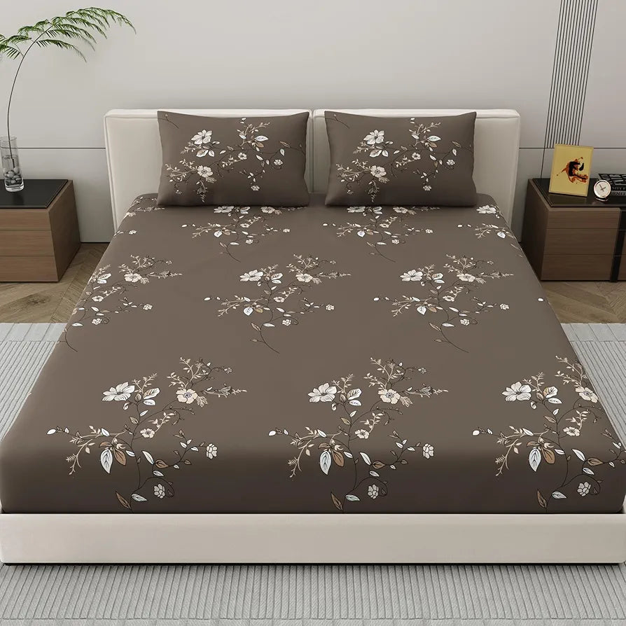 Dreamscape Microfibre Wrinkle & Fade Resistant Fitted Bedsheet for King Bed, 140TC, 1 Fitted Bed Sheet  with 2 Pillow Covers, Dk. Brown