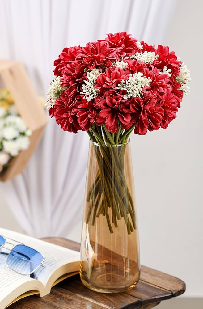 SATYAM KRAFT 1 Pcs Artificial Dahlia Flower Bunch – 7-Stem Faux Bouquet for Home, Office, Wedding & Party Decoration – Realistic Fabric Flower Arrangement  