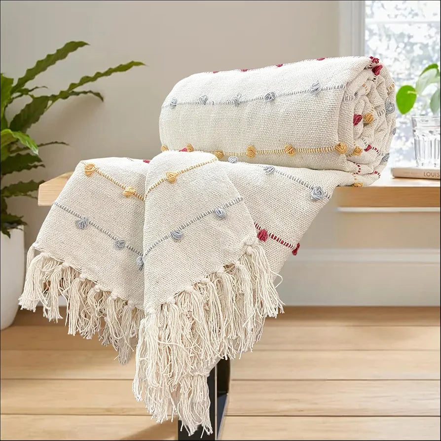 SAJAVAT HOME Hand-Knitted Pure Cotton 3 Seater Sofa Throw | Beige Multi Throw for Living Room, Bedroom, Sofa & Chair | 80x52 Inches / 204x132 Cm | Pack of 1