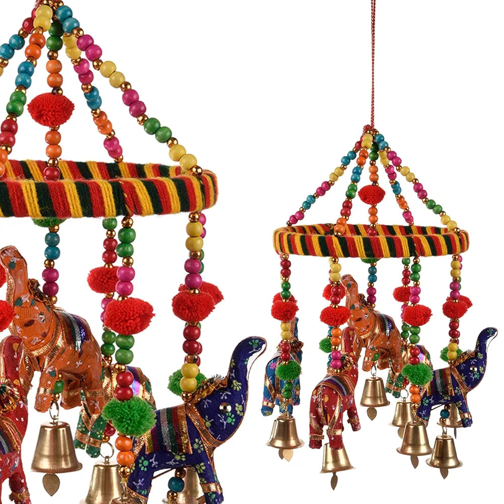 Kuber Industries Rajasthani Traditional Windchimes|Hanging Ring Elephant with Bells|Polyester Handcrafted Latkan|Decorative Door Hanging Latkan|Pack of 2 