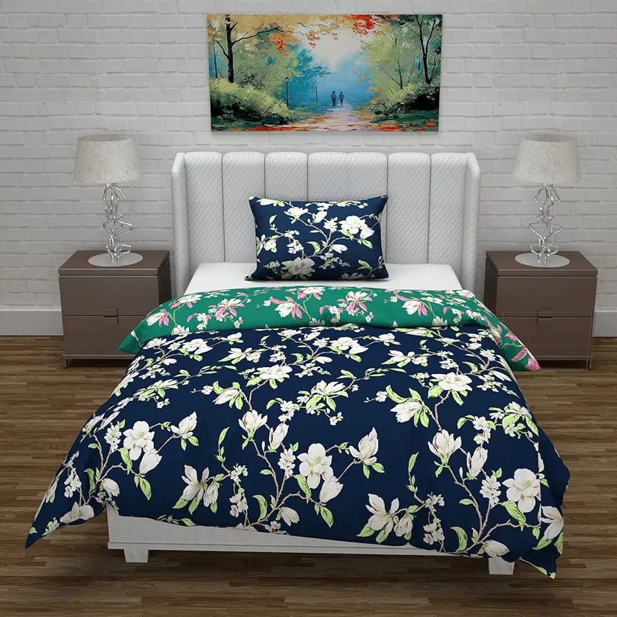 Divine Casa Microfiber Reversible Single Bed AC Duvet Cover Set with 1 Pillow Cover | Soft & Cozy for Quilt/Comforter/Blanket - Green & Navy Blue