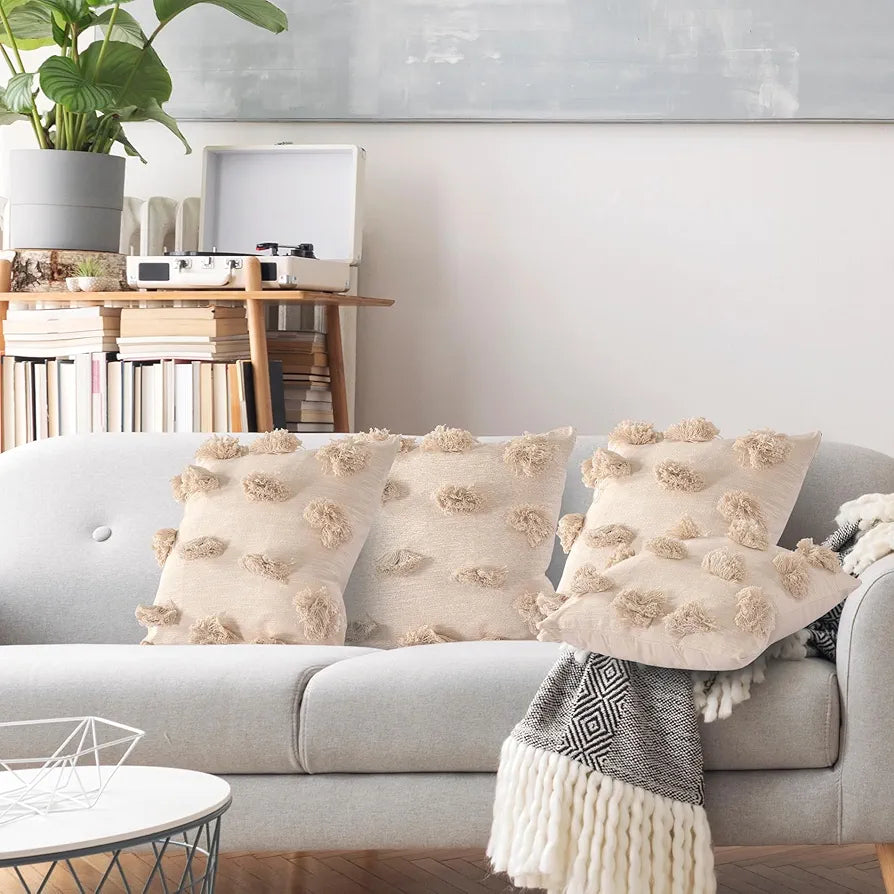 SASHAA WORLD Natural Elegance Cushion Cover | Tufted Pom-Pom Delight Cushion Cover for Living Room/Bed/Sofa/Chair | 45X45 Cm