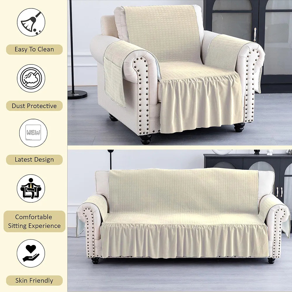 Kuber Industries Soft Velvet Quilted Single Seater Sofa Cover with Pocket Arms | Sofa Protector Cover | Sofa Slipcover Set | Non-Slip Couch Cover for Living Room | Frill - Cream