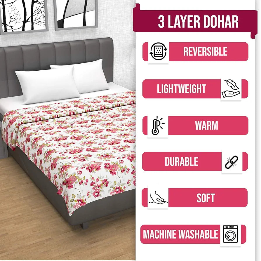 Divine Casa Floret 100% Cotton Single Dohar | 120 GSM | Soft & Lightweight Throw Blanket | Cozy & Breathable Bedding | All-Season Comfort | 210 x 140 CM, Rosy Retreat