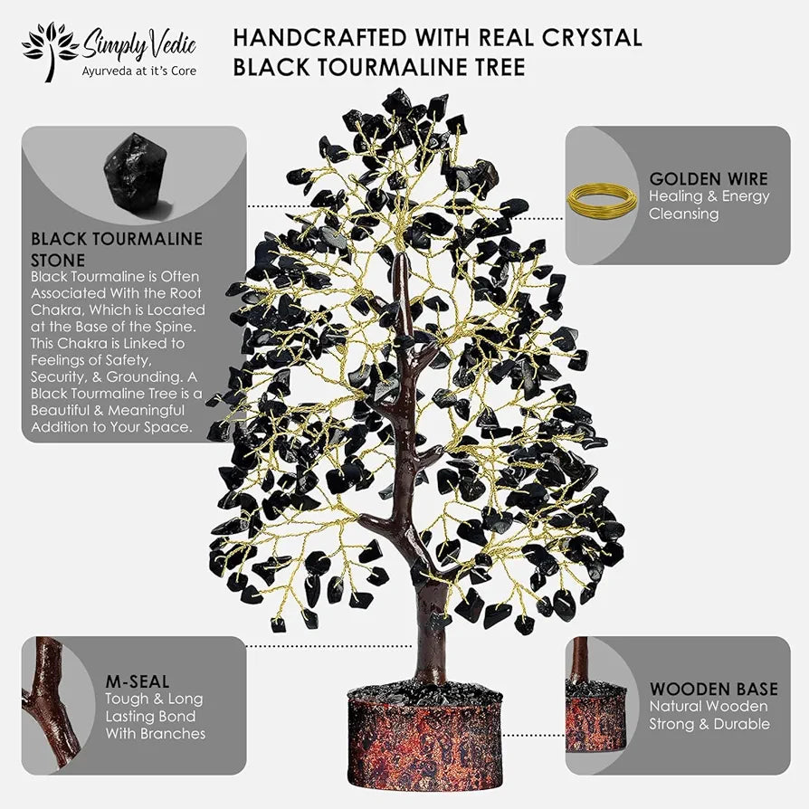 Simply Vedic Chakra Black Agate Crystal Tree| for Positive Energy, Good Luck | Natural Healing Gemstones Moneytree Feng Shui, Spiritual Gift, Home Decor| Handmade by Traditional Artist, 28 Cm