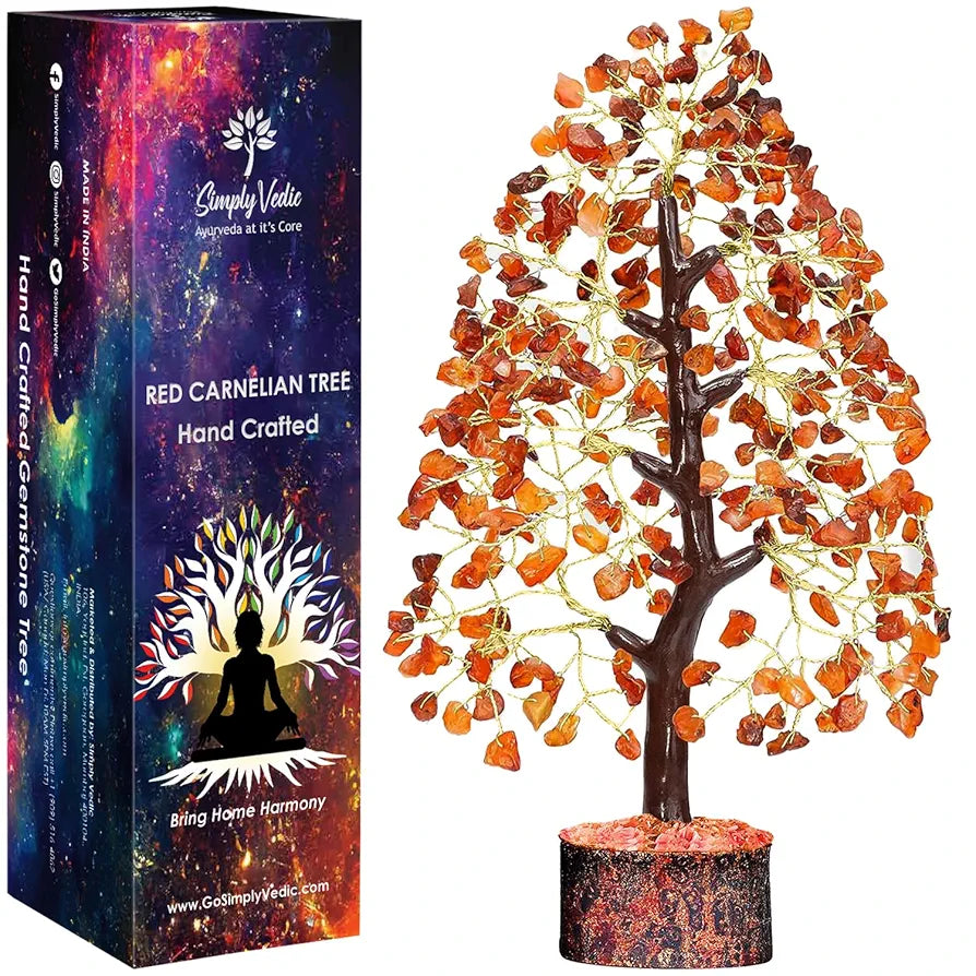 Simply Vedic Chakra Red Carnelian Crystal Tree|for Positive Energy,Good Luck|Natural Healing Gemstones Moneytree Feng Shui,Spiritual Gift,Home Decor|Handmade by Traditional Artist,8 cm,26 Cm