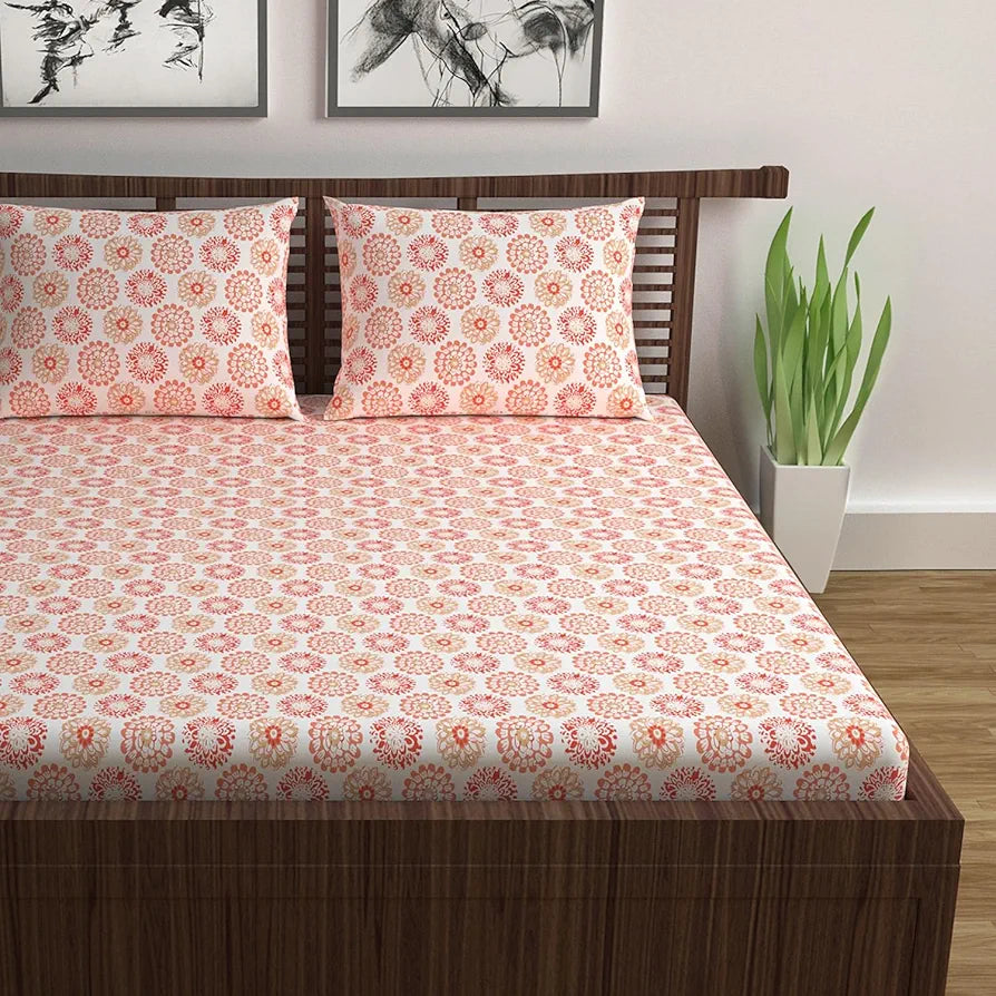 Divine Casa - 144 TC Super Soft 100% Cotton Bedsheet for Double Bed  144 Thread Count - Floral, Red Orange| 222 x 254 cm
