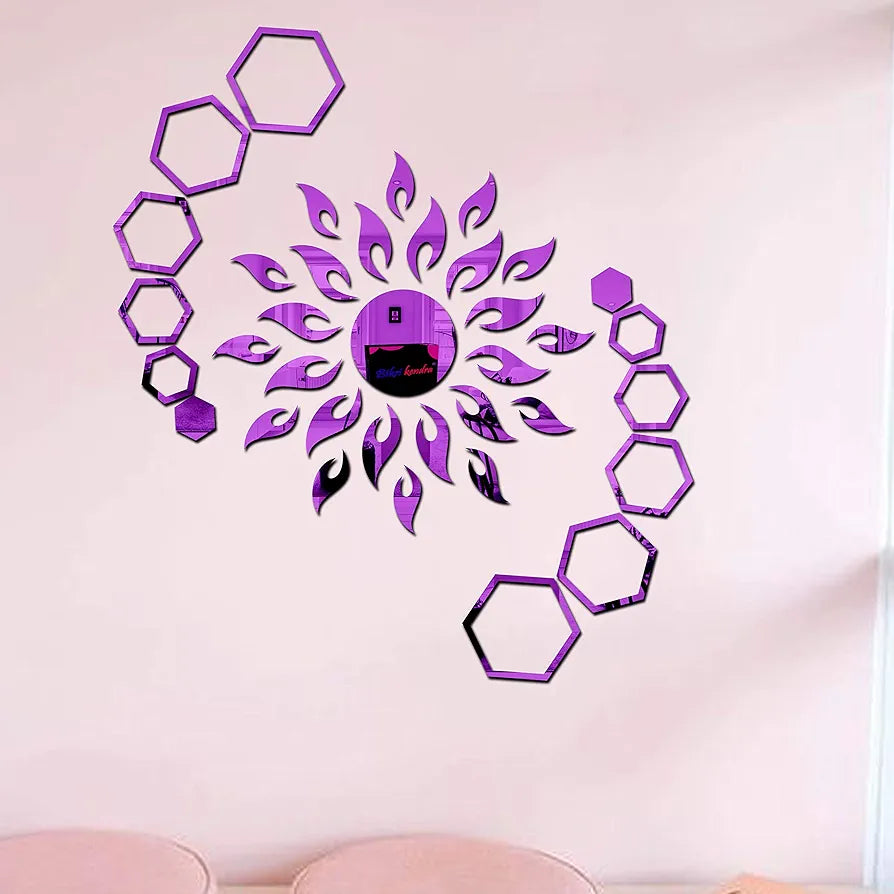 Bikri Kendra - Art BK71, Sun with Hexagon Ring 2 Set - 3D Acrylic Mirror Stickers for Wall 