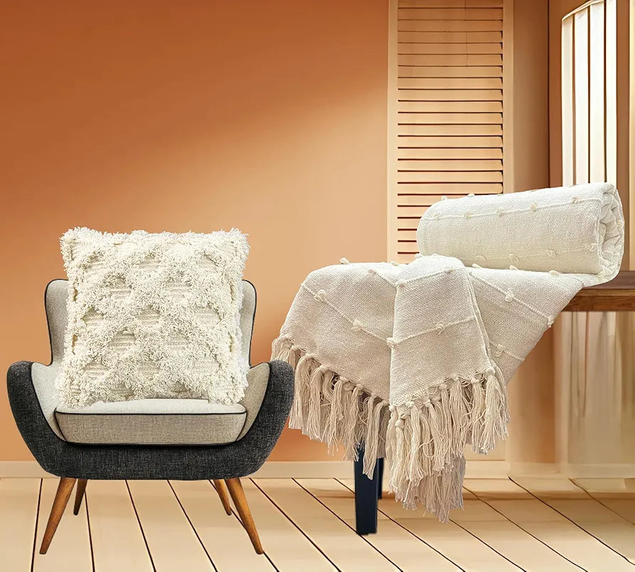 SAJAVAT HOME Hand-Knitted Pure Cotton 3 Seater Sofa Throw & Cushion Cover | Beige Throw & Cream Cushion for Living Room, Bedroom, Sofa & Chair | 82x52 Inches / 208x132 Cm | Pack of 1