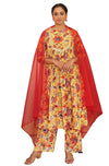 Janasya Women's Yellow Cotton Floral Printed Kurta with Palazzo and Dupatta