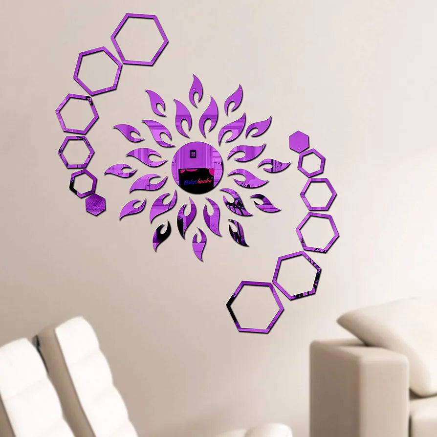 Bikri Kendra - Art BK71, Sun with Hexagon Ring 2 Set - 3D Acrylic Mirror Stickers for Wall 