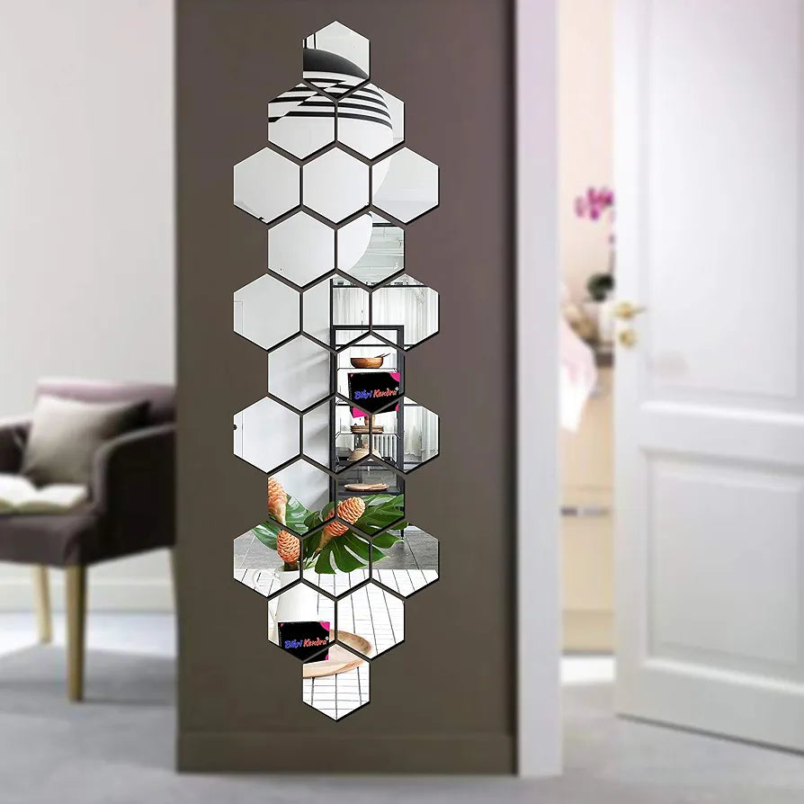 Bikri Kendra - Hexagon 24 Silver Stickers for Wall, Acrylic Mirror, Decor Sticker, Wall Mirror Stickers, Acrylic,