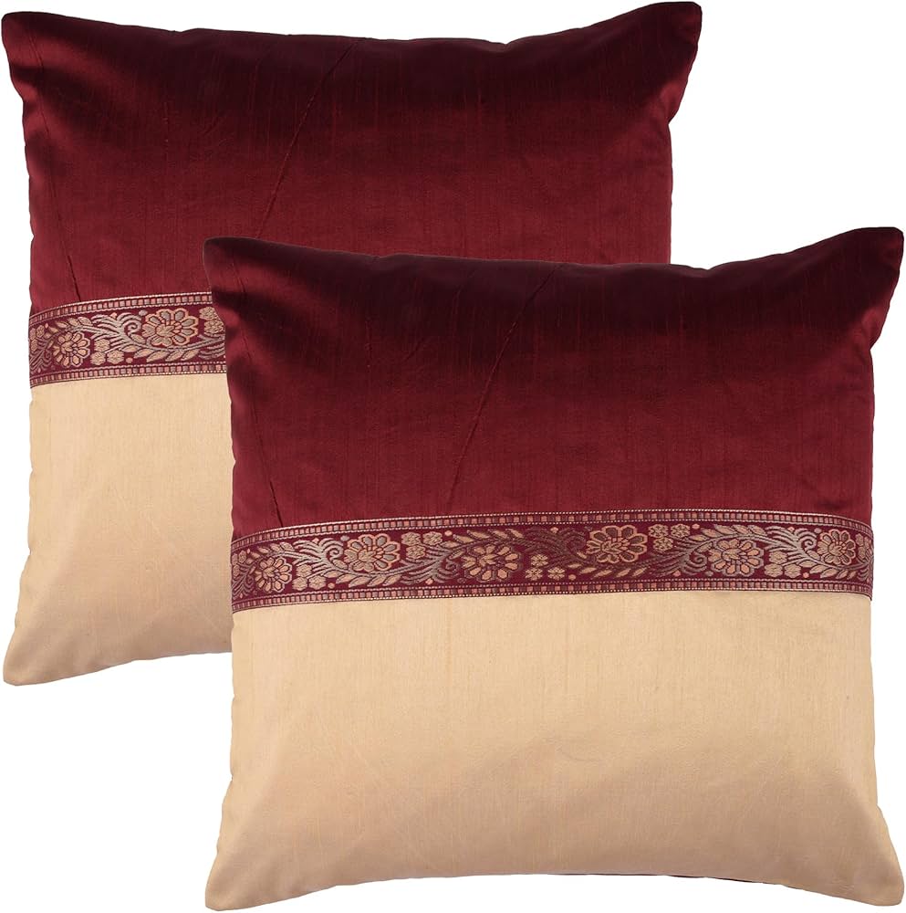 Kuber Industries Cushion Cover | Pillow Covers for Sofa | Throw Cushion Cover | Dupion Polyester Cushion Covers | Center Lace Cushion Covers | Set of 5 | 16 Inch | Maroon