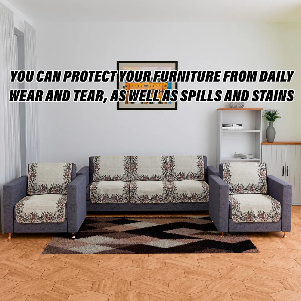 Kuber Industries Sofa Cover Set | 5-Seater Couch Cover | Net Velvet Sofa Slip Cover Set | Sofa Slipcover Set | Sofa Cover for Living Room | Brown Gulab Border Crown Sofa Cover | Cream
