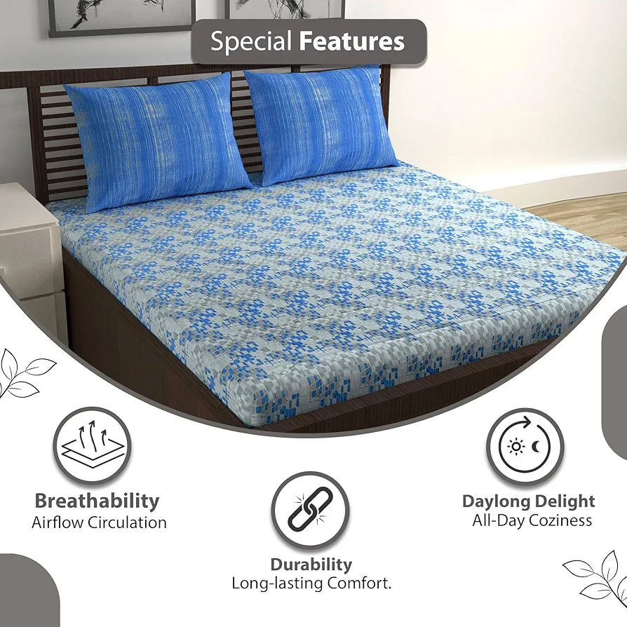 Divine Casa 144 TC 100% Pure Cotton Queen Size Double Bed Bedsheet with 2 Pillow Covers | Soft, Durable & All-Weather Comfortable Easy Care Sheet | Size 222 x 254 CM | Geometric Pixel | Blue White