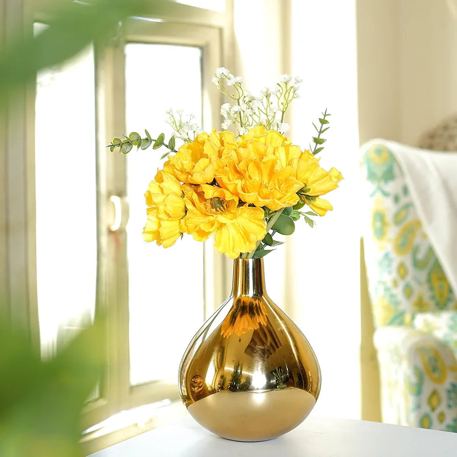 Behoma Metal Golden Flower Vase for Home Decor Bedroom Living Room Office Wedding | Table Decorative Item for Festivals Birthday Gold Tall Vase 