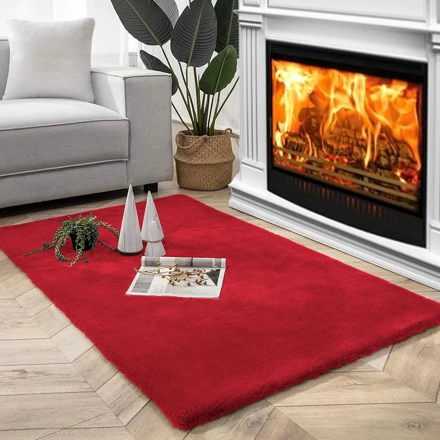 LUXE HOME INTERNATIONAL Ruffle Floor Rug Rabbit Fur 1000 GSM Living Room Foot Mats Anti Skid Water Absorbent Easy Machine Washable Rectangular Rug for Bedroom|Floor|3 X 5 Ft|Maroon|Pack of 1