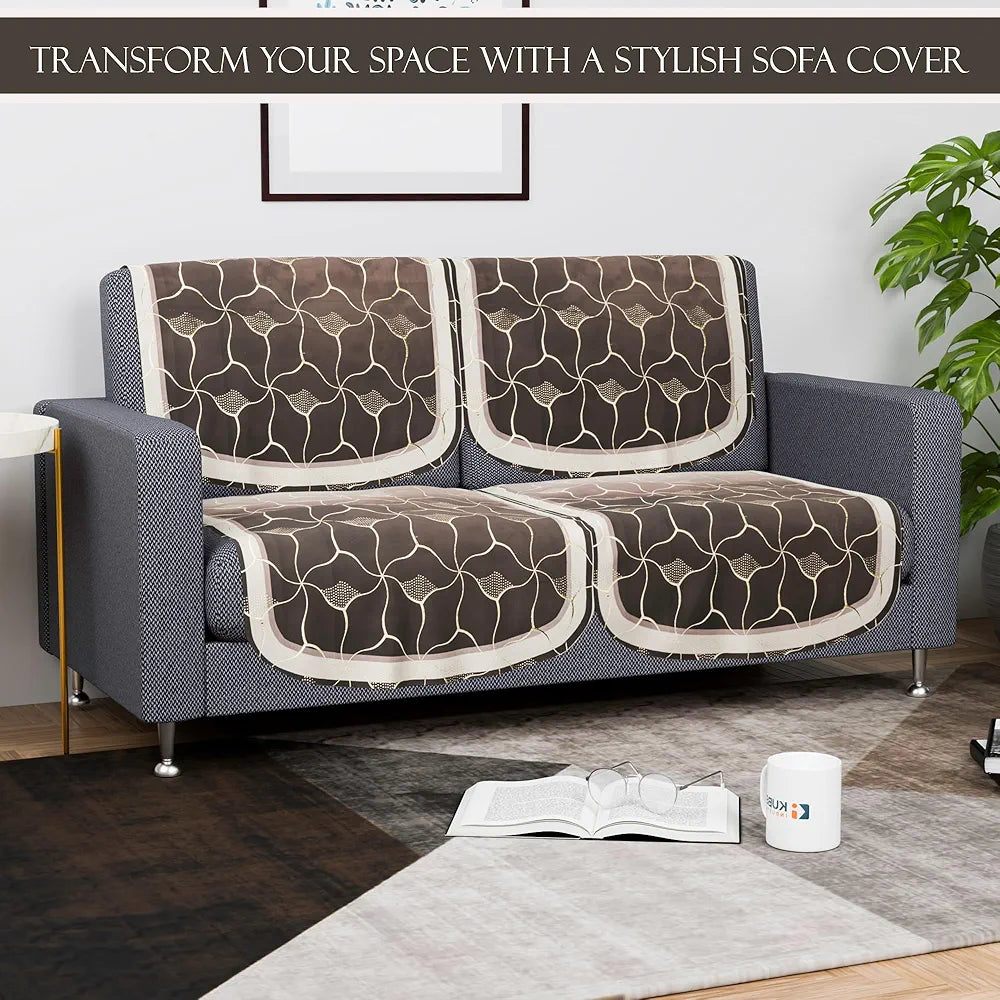Kuber Industries Set of 6 Durable 2+1 Seater Sofa Cover for Living Room | Easy Machine Washable Sofe ke cover for Protection & Comfort for Home Furniture | Arabica Look - Brown & Golden Foil