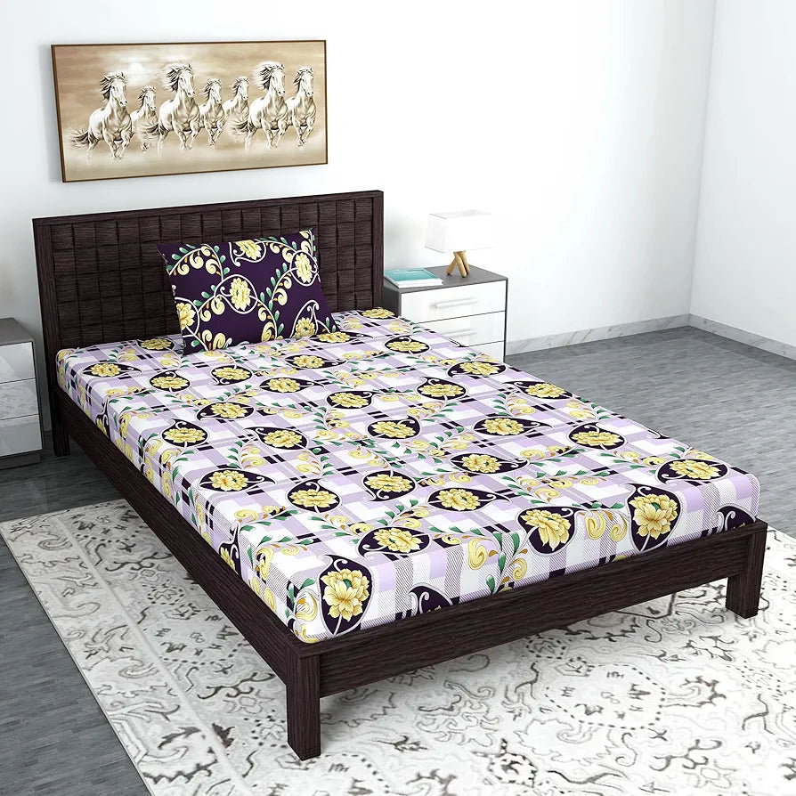 Divine Casa 144 TC 100% Cotton Bedsheet for Single Bed | Floral Print, Royal Lilac Color | Size 145 x 223 cm with 1 Pillow Cover | Soft & Breathable Fabric
