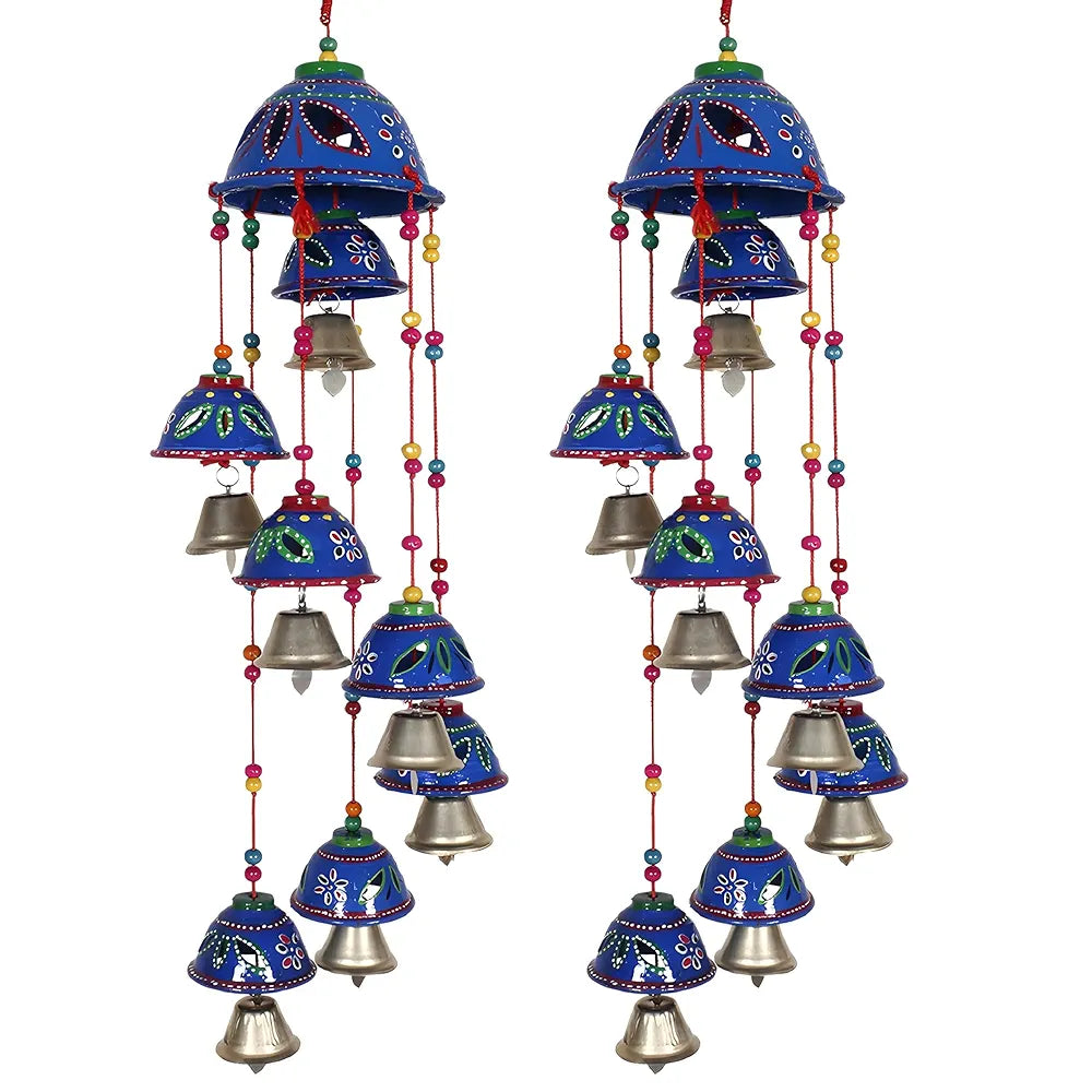 Kuber Industries Rajasthani Design Handcrafted Hanging Windchimes|Latkan with 8 Bells for Home Decor & Positive Energy,Pack of 2 , Plastic