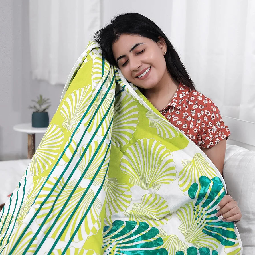 Divine Casa Glace Cotton 120 GSM Reversible Lightweight Printed Single Bed AC Dohar Blanket Quilt - Yellow and Blue| TC - 120
